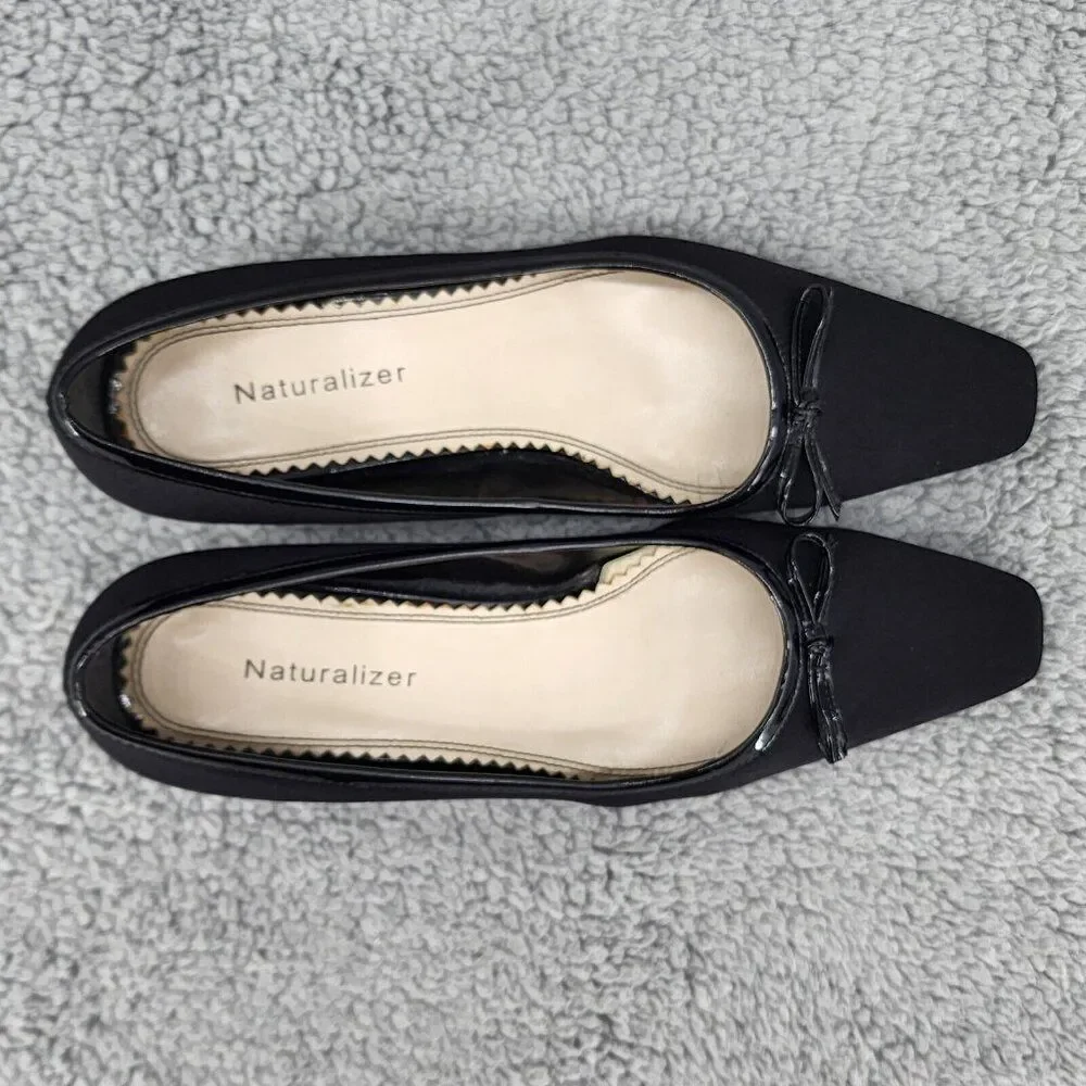 Naturalizer Womens Pumps Sz 6 M Black Fabric Square Toe Bow Retro Vintage Heels - Picture 3 of 9